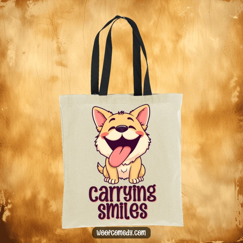 Funny dog grinning tote bag featuring a dog panting with its tongue out and a wide, silly grin, perfect for carrying smiles.