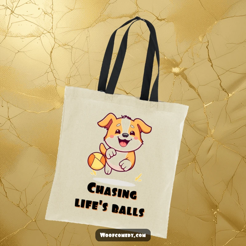 Funny Kawaii dog tote bag showcasing a cute dog enthusiastically chasing a bouncy ball with a wide, happy grin. Perfect for carrying fun.