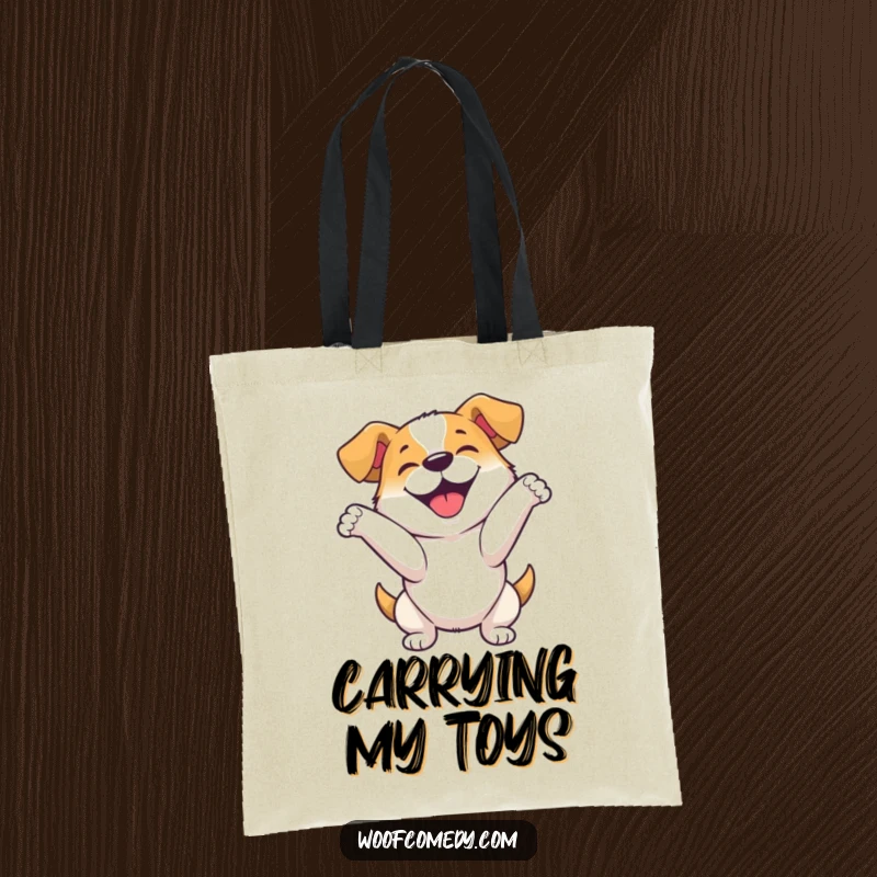 Funny tote bag featuring a happy dog performing an enthusiastic bow, celebrating a successful performance or a moment of pure joy.