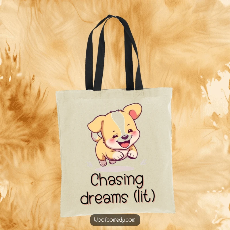 Funny tote bag featuring a whimsical illustration of a dog humorously chasing its tail with boundless energy.