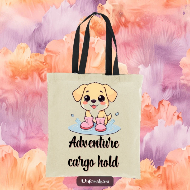 Funny kawaii dog wearing huge boots, joyfully splashing in a puddle, this tote bag is perfect for carrying fun.
