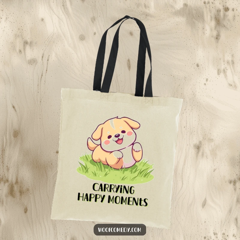 Funny kawaii dog rolling on green grass tote bag, a chic and humorous accessory.