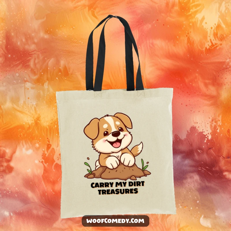Funny kawaii dog tote bag with a determined pup joyfully digging in dirt, perfect for carrying goodies with a humorous vibe.