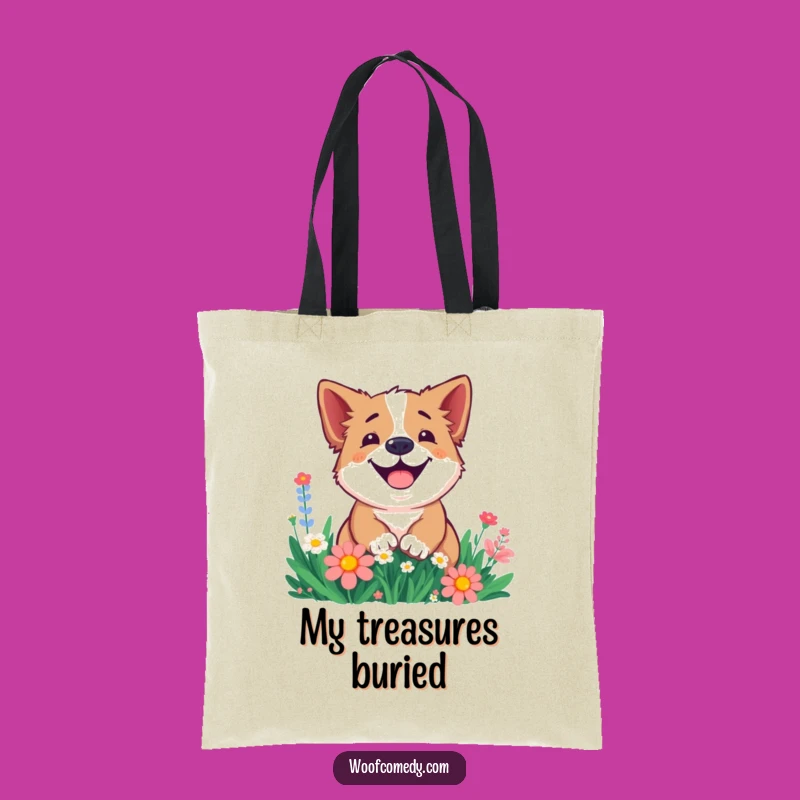 Funny Smiling Dog Flower Tote Bag: Joyful Digging Pup Carry-All